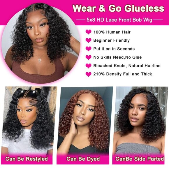 5x8 HD Lace Bob Wig Human Hair, Glueless Deep Wave Wig 14" Pre Plucked Baby Hair - Picture 3 of 7